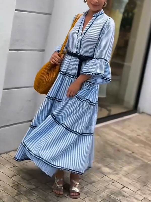 🌲🔥 Striped Flared Sleeve Dress