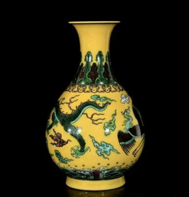 32CM Kangxi Signed Old Chinese Yellow Glaze Three Color Vase W/dragon N3196