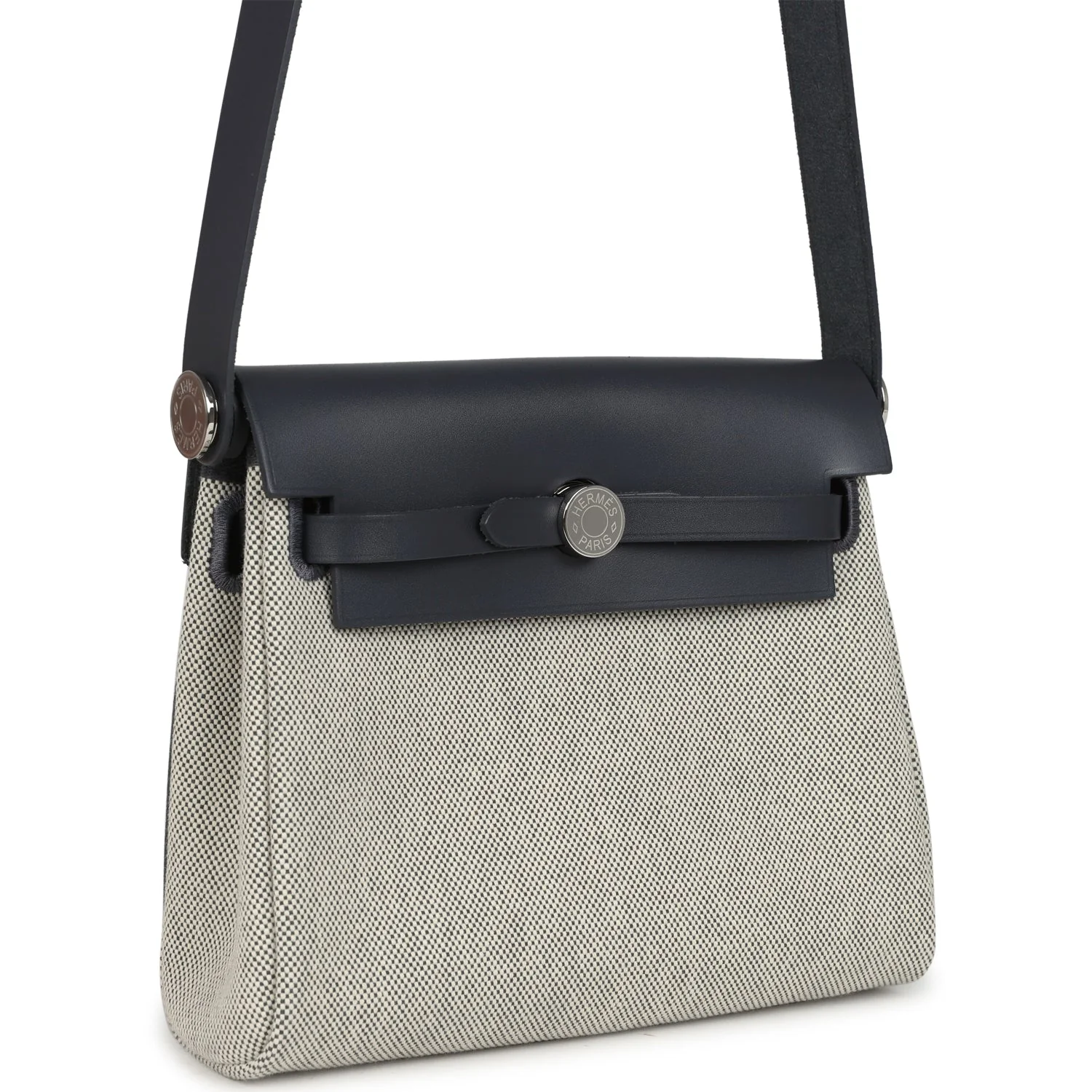 Hermes Herbag Zip 20 Mini Ecru, Ardoise Toile H Canvas, Ardoise Vache Hunter Palladium Hardware