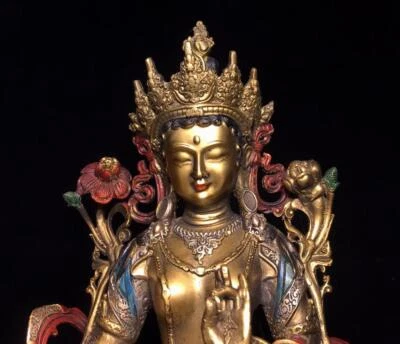 30CM Old Rare Chinese Bronze Color Gilding Statue Buddha Q678