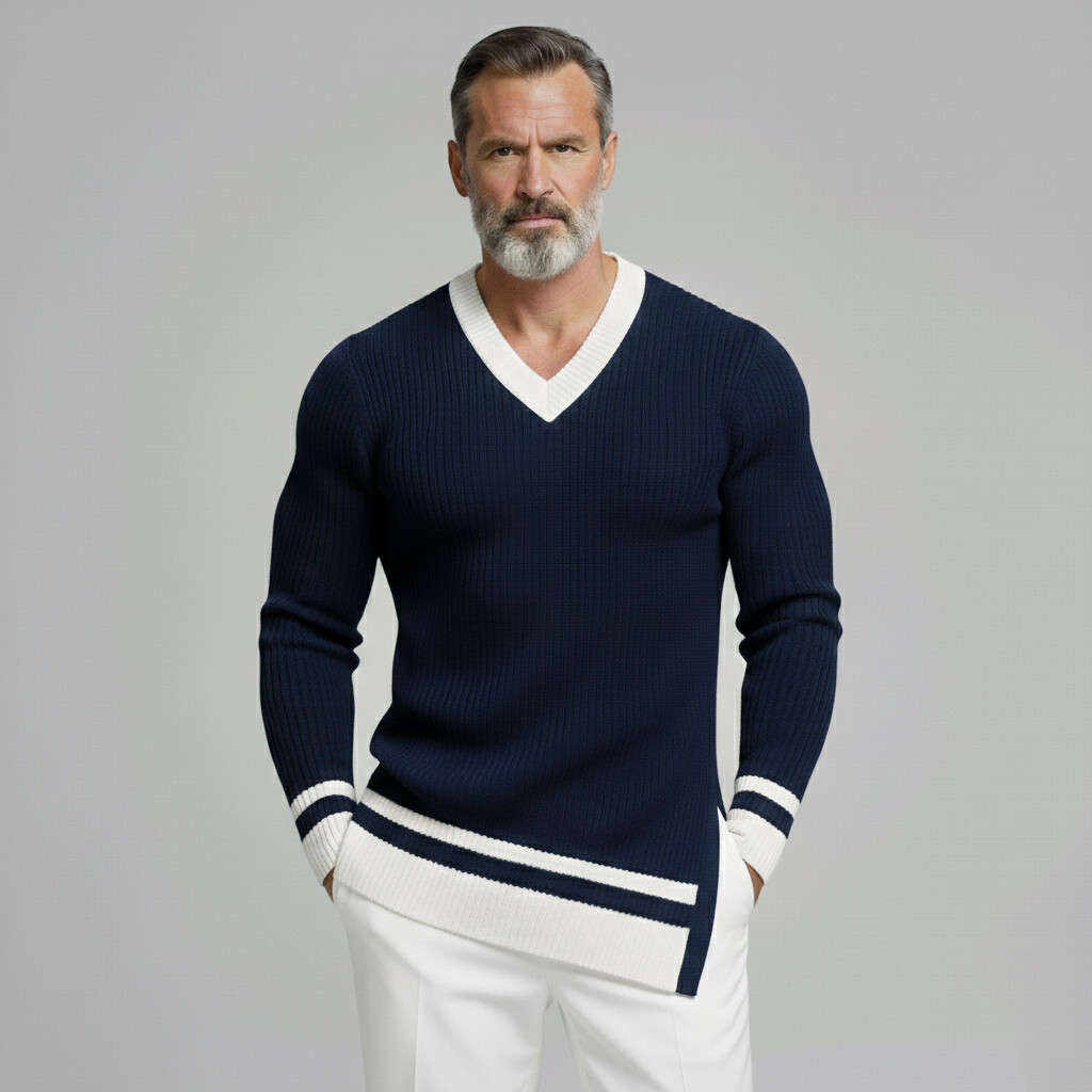 [Pre-Order] Men's Casual Navy Blue Contrast Binding V Neck Long Sleeve Split Knit Sweaters
