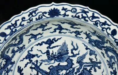 43CM Chenghua Signed Old Chinese Blue and White Dish Plate W/dragon N3079