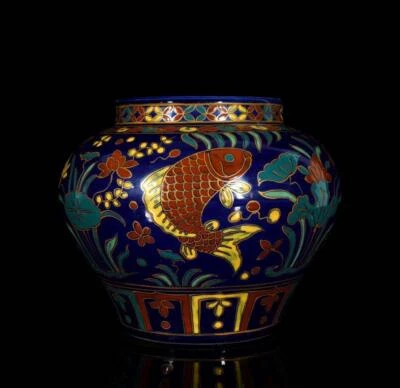 Old Chinese Blue Glaze Wucai Pot Jar W/fish N3554