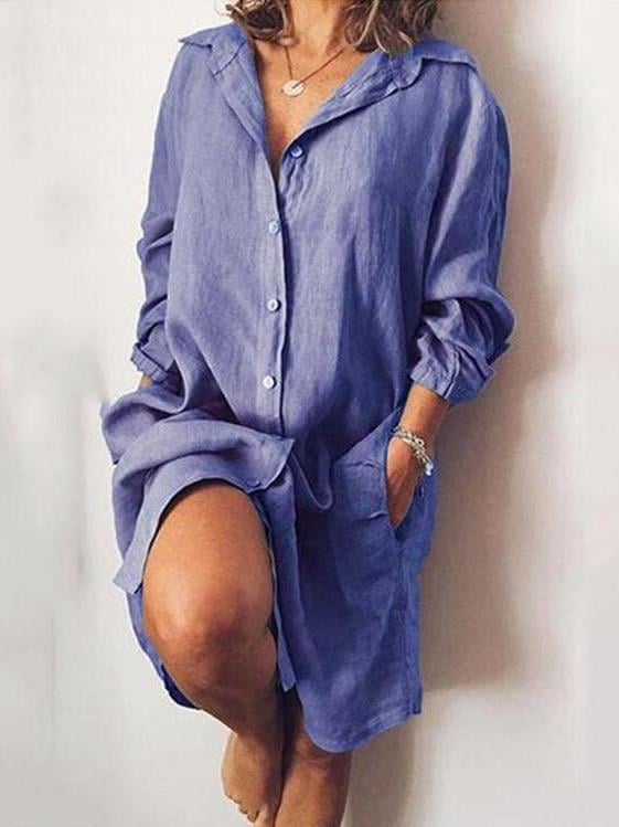 Women casual pocket long sleeve long shirts dress
