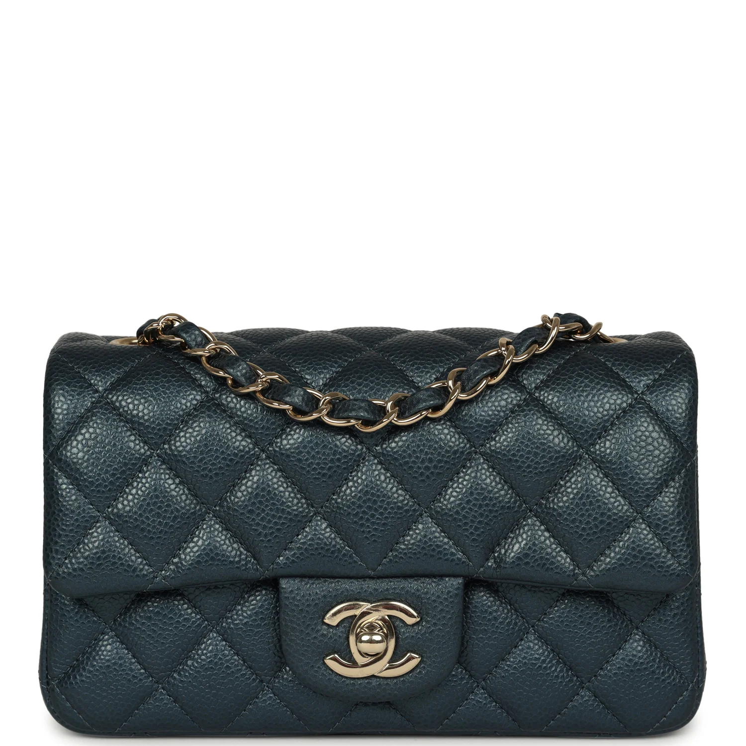 CHANEL Mini Classic Rectangular Flap Bag Blue Iridescent Caviar Light Gold Hardware