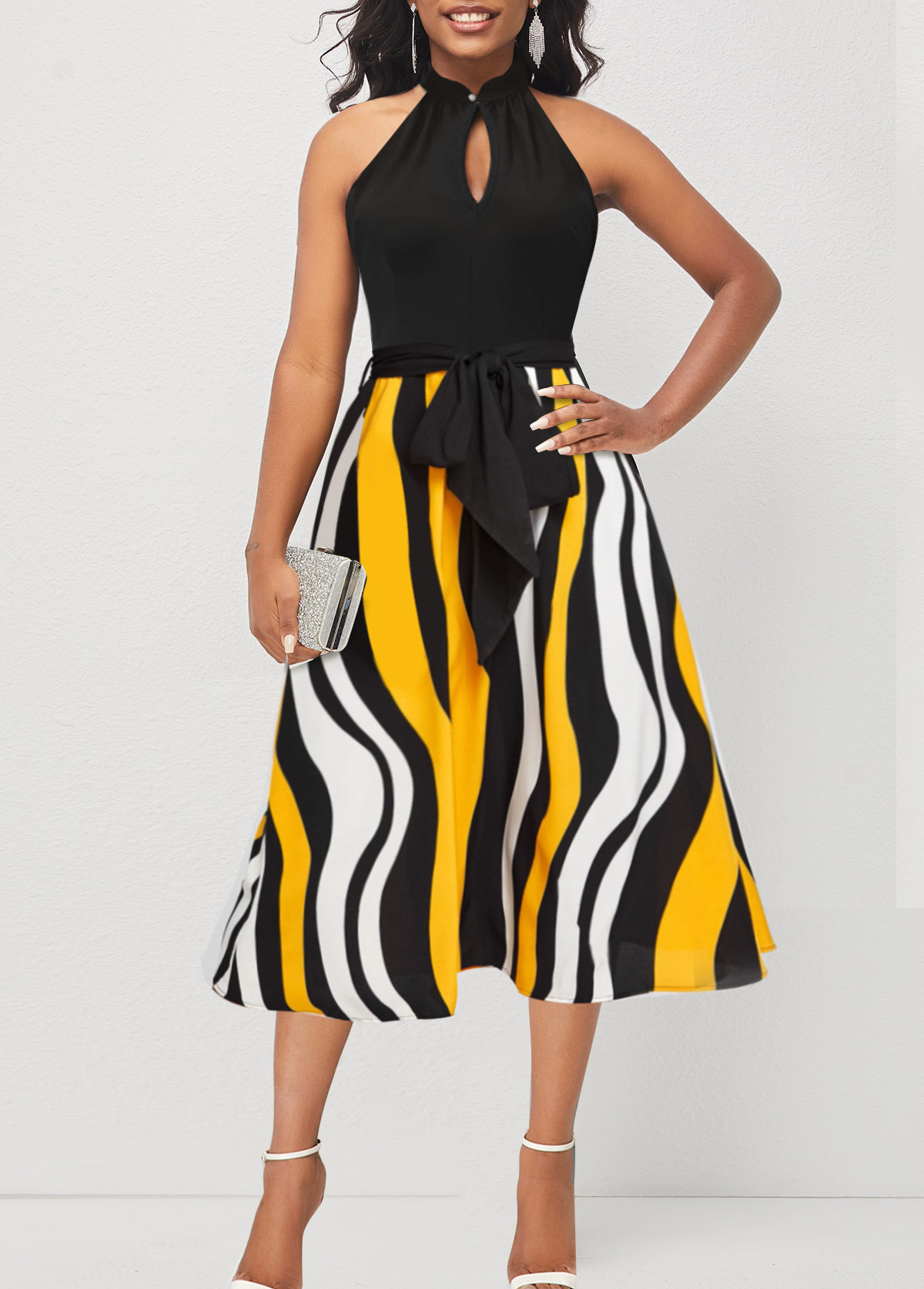 Bib Neck Color Block Striped Belted Dress