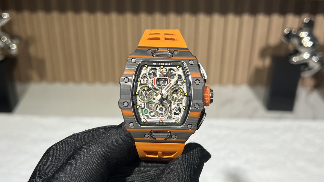 【7A Quality】Swiss Replica Richard Mille RM 11-03 McLaren Watch – Carbon Fiber Skeleton Chronograph with Striking Orange Rubber Strap