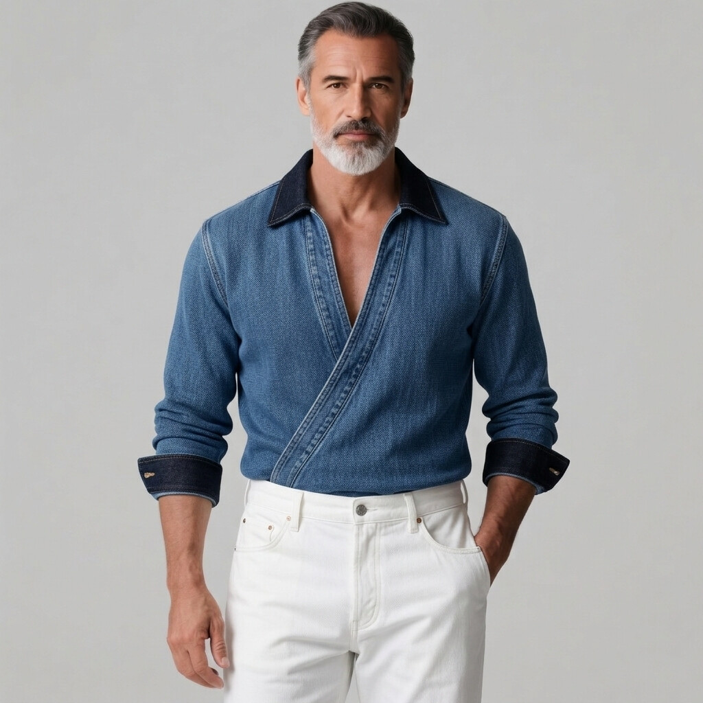 Men's Casual Denim Wrap Neck Contrast Trim Long Sleeve Shirt