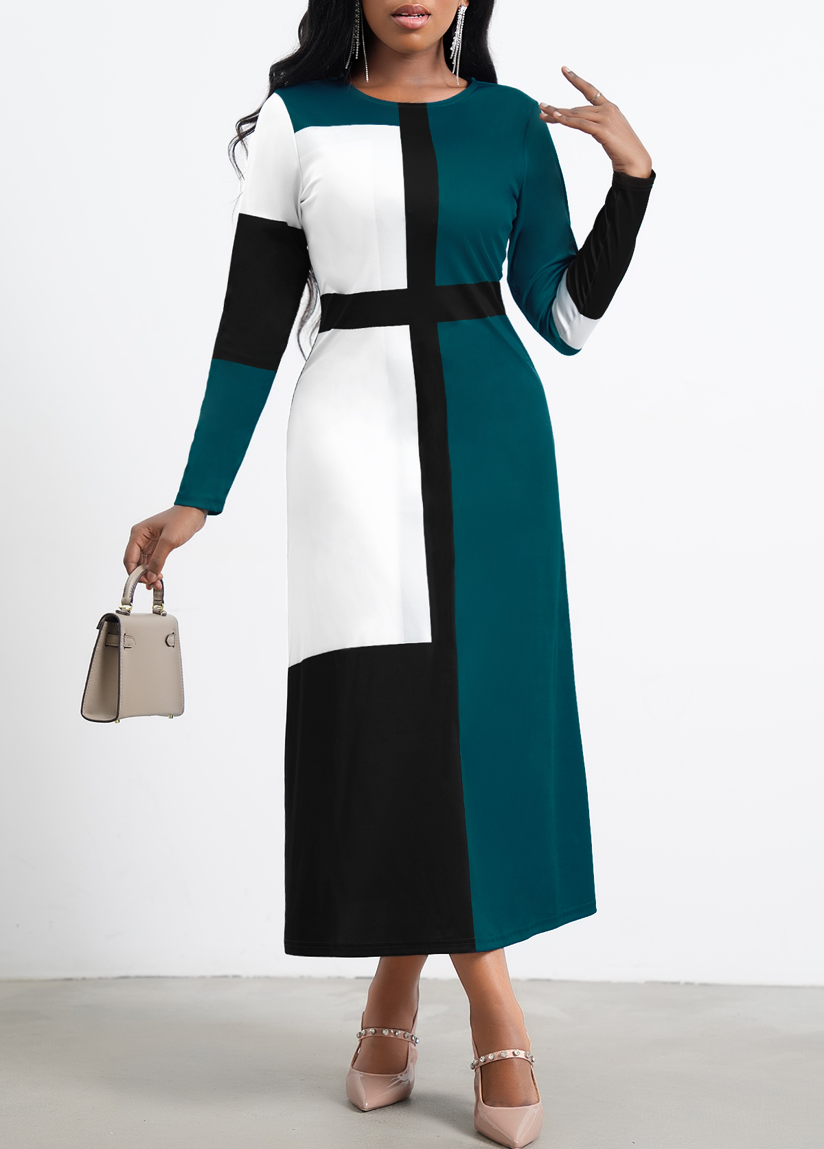 Green Contrast Long Sleeve Round Neck Dress