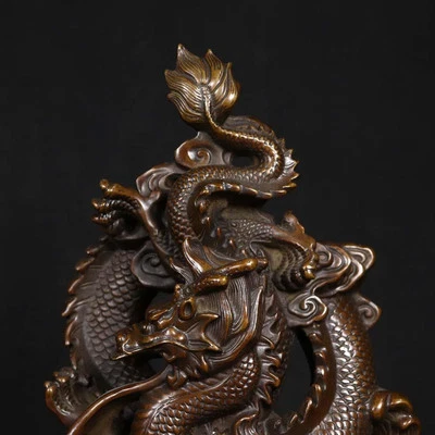 27CM Qianlong Signed Old Chinese Copper Statue w/dragon N4169