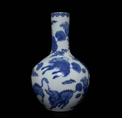 40CM Kangxi Signed Chinese Blue and White Vase W/kylin