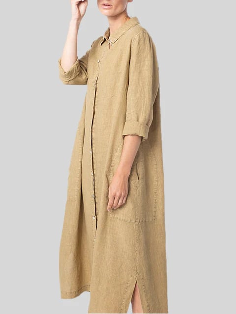 Cotton and Linen Hem Side Slit Shirt Dress