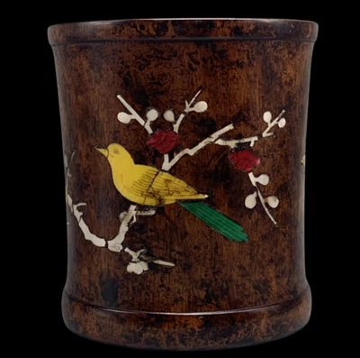 Old Chinese Wood Brush Pot W/bird N4234