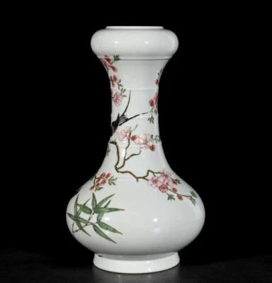 34CM Yongzheng Signed Old Chinese Famille Rose Vase W/bird N3432