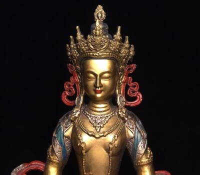30CM Old Chinese Bronze Color Gilding Statue Buddha Q677