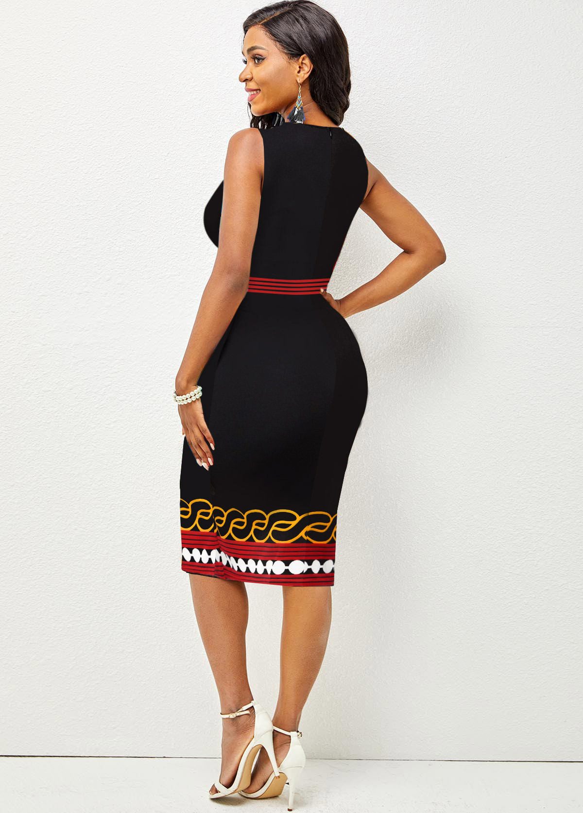 Contrast Printed Sleeveless Round Neck Bodycon Dress