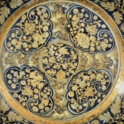 46CM Old Chinese Blue and White Gilding Dish w/flowers N3169