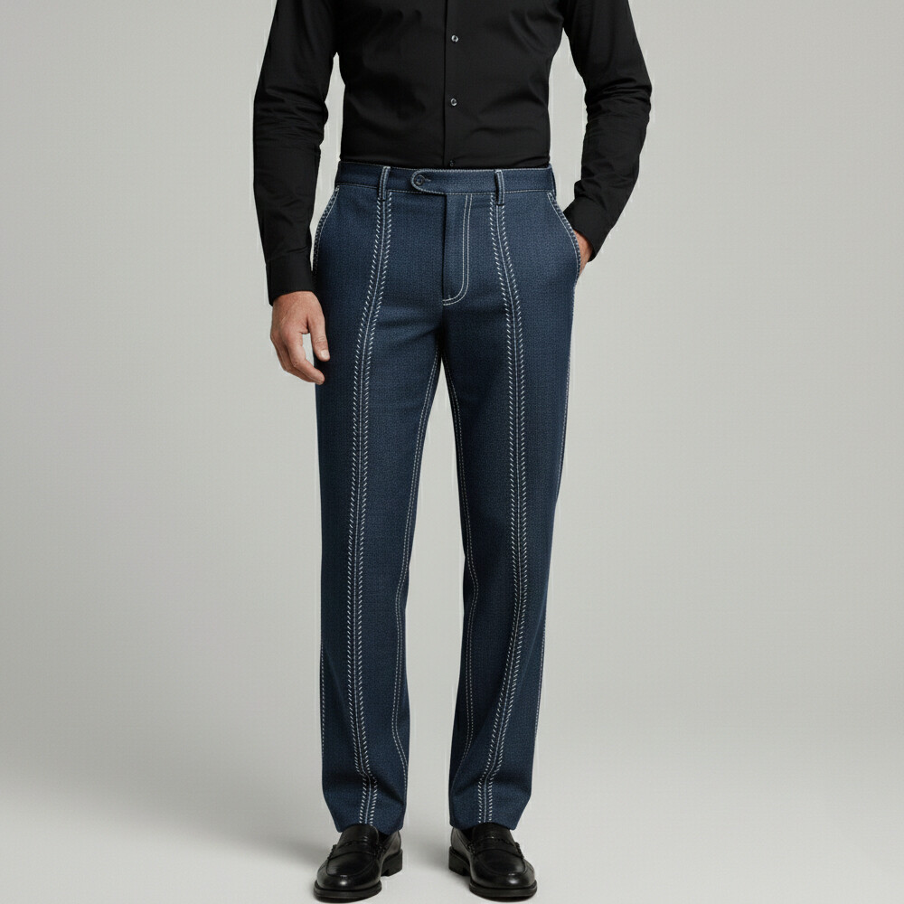 Men's Fashion Contrast Stitching Print Slant Pocket Straight Leg Jeans