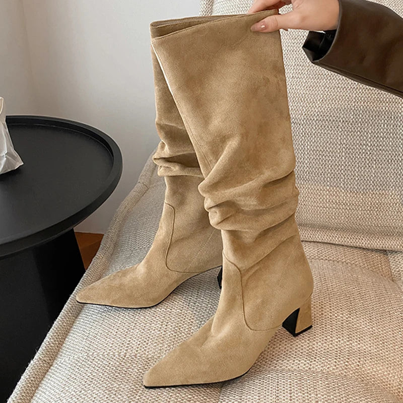 High Heels Women High Boots Suede Pointed Toe Fashion Shoes Designer Dress