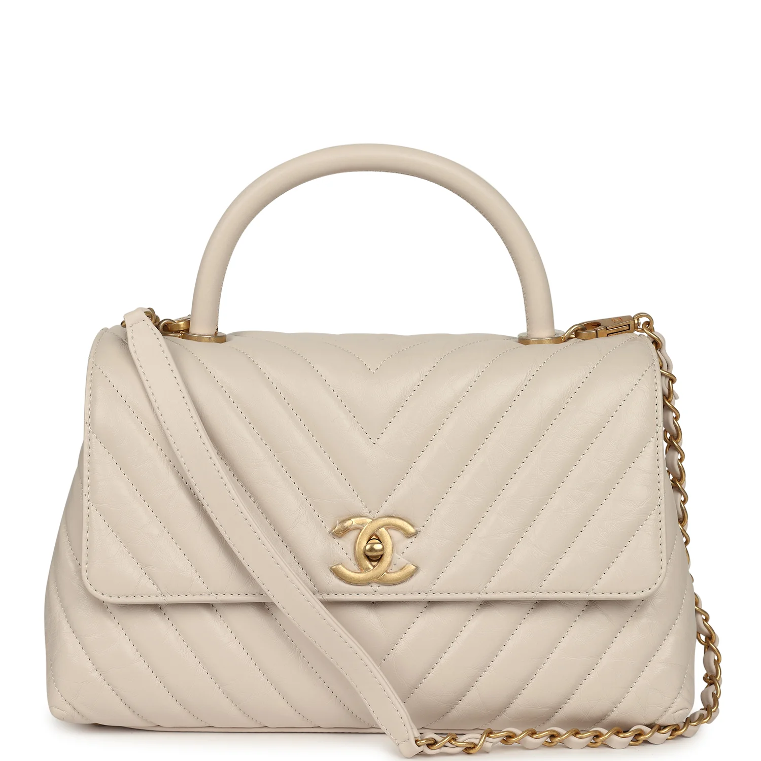 Chanel Medium Chevron Coco Handle Ivory Aged Calfskin Antique Gold Hardware