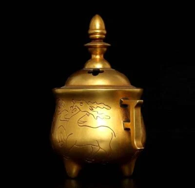 Xuande Signed Old Chinese Red Copper Gilding Handmade Incense Burner w/sheep N78