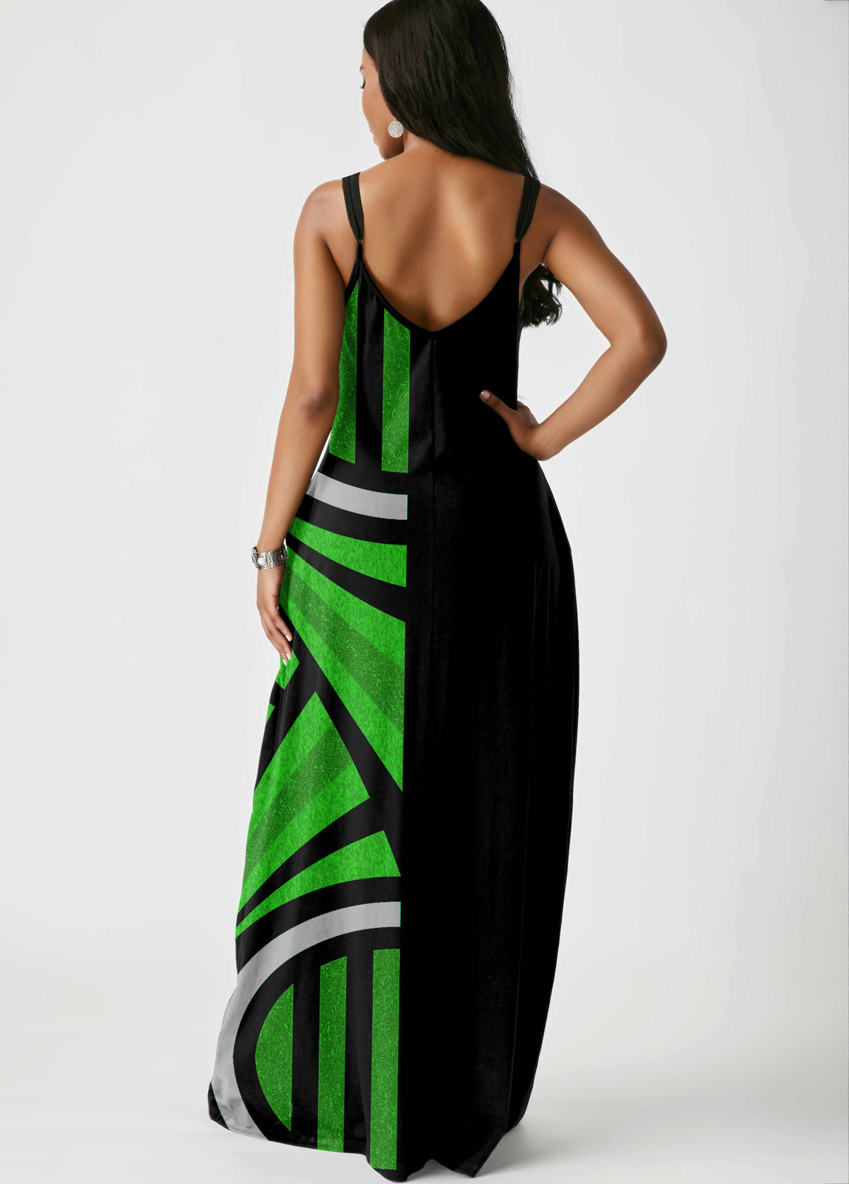 Spaghetti Strap Geometric Print Side Pocket Maxi Dress