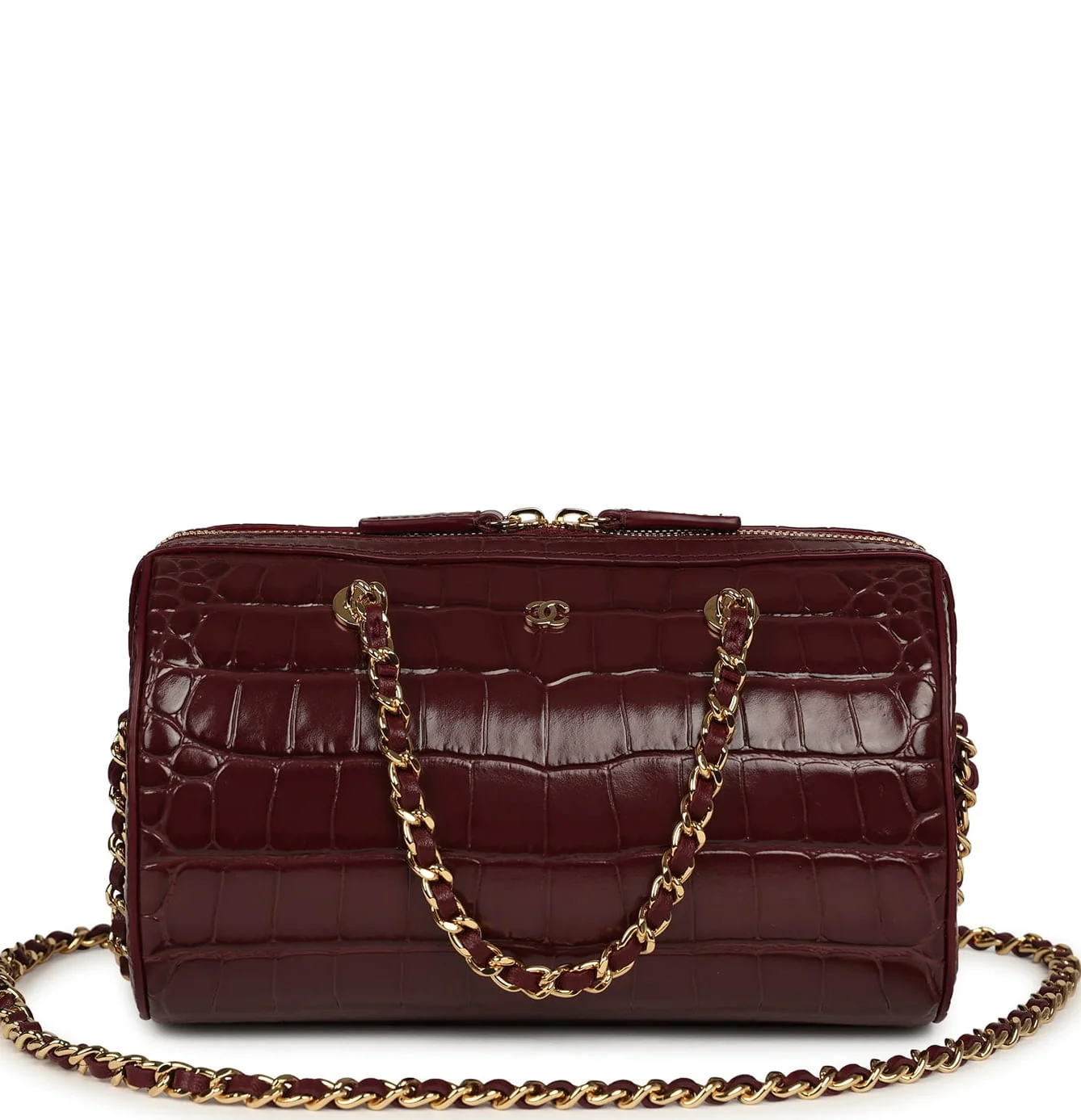 Chanel Mini Timeless Classic Barrel Bag with Chain Dark Burgundy Croco Embossed Calfskin Gold Hardware