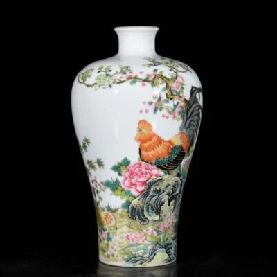 Yongzheng Signed Pair Old Chinese Colour Enamel Vase W/cock N3618