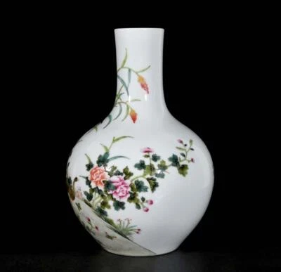 34CM Qianlong Signed Old Chinese Colour Enamel Vase W/bird N3374