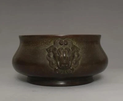 Old Chinese Bronze Incense Burner Carved With Lion Qianlong MK