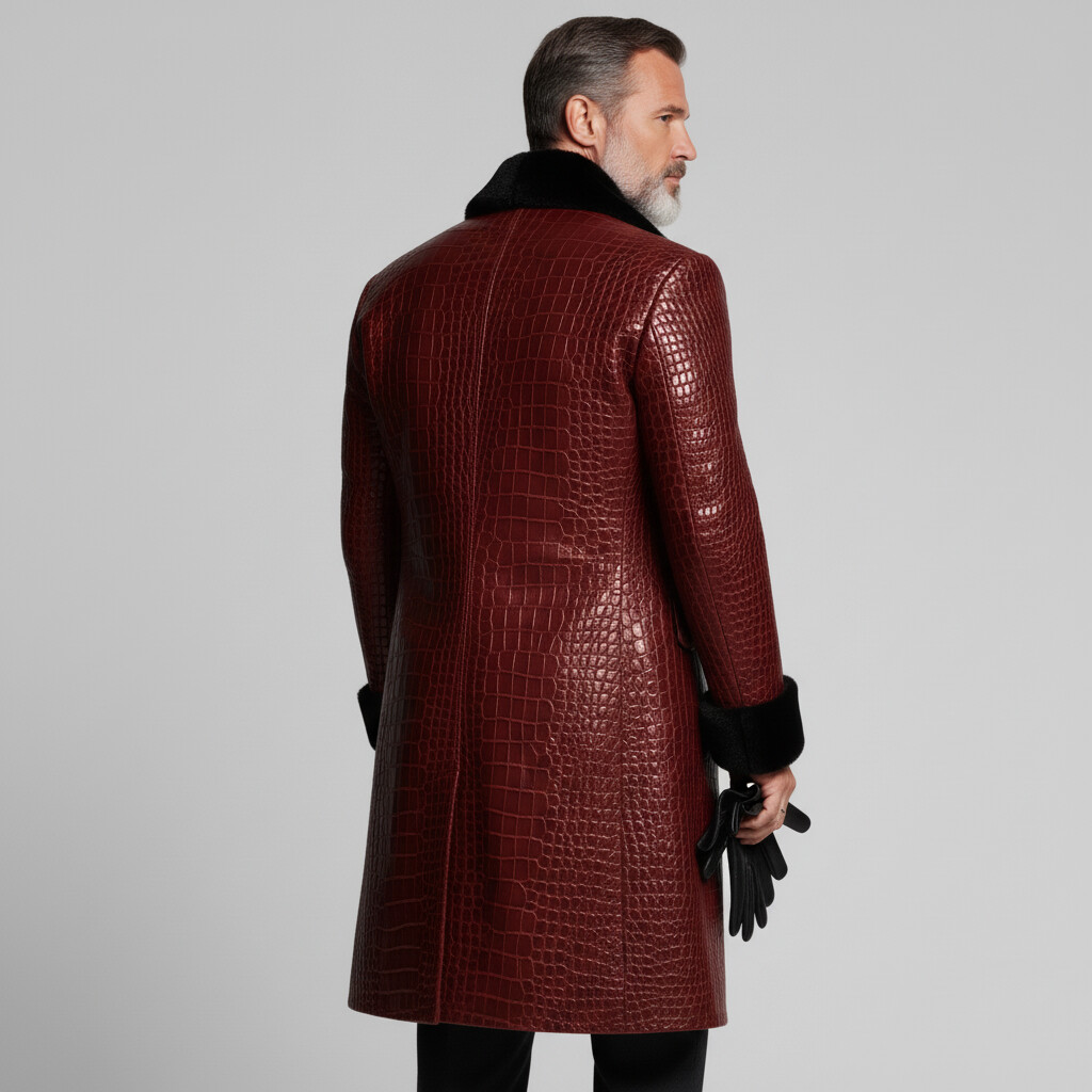 Men's Burgundy Crocodile PU Leather Plush Peak Lapel Double Breasted Long Sleeve Trench Coat