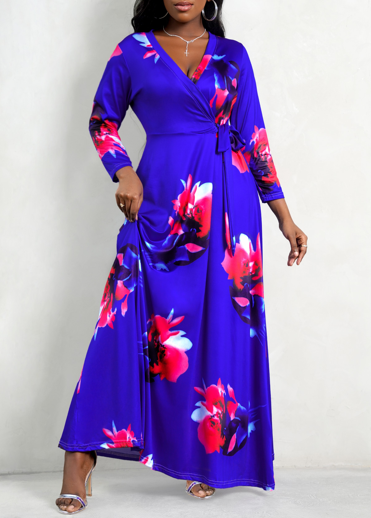 Purplish Blue 3/4 Sleeve Floral Print Dress