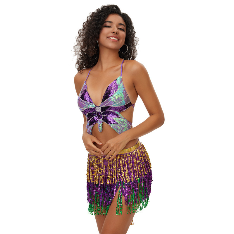 Halloween Cross-border Belly Dance Performance Clothing Four-layer Tassel Waist Chain Sexy Bosimi Hip Towel Waist Towel Sequin Dress for Women