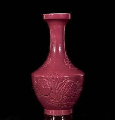 Pair Qianlong Signed Old Chinese Carmine Glaze Vase w/pomegranate N3118