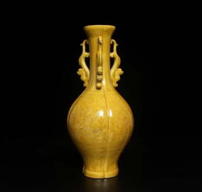 32CM Hongzhi Signed Old Chinese Yellow Glaze Vase W/ dragon