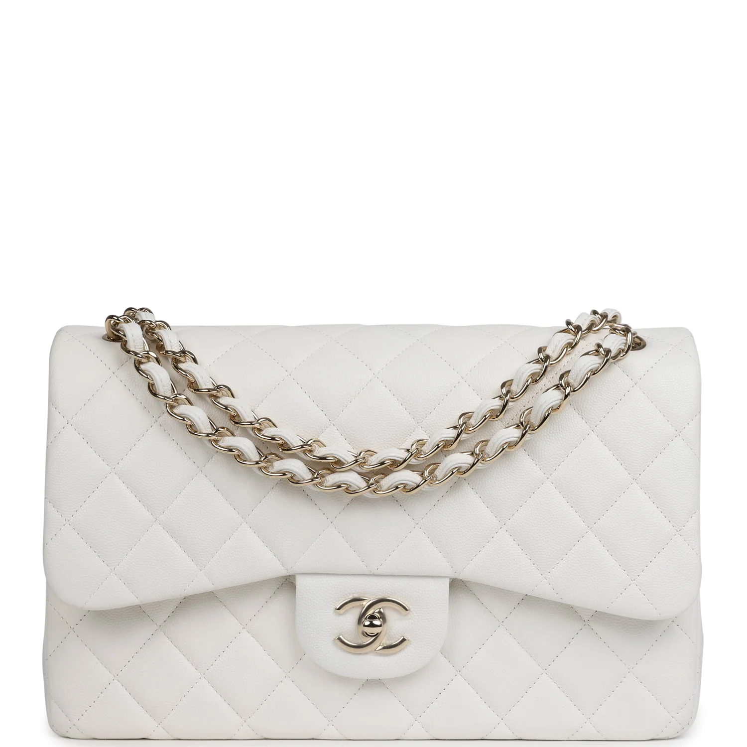Chanel Jumbo Classic Double Flap White Caviar Light Gold Hardware