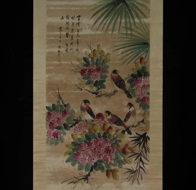 Feng Chaoran Signed Chinese Hand Painted Calligraphy Scroll w/flower and bird