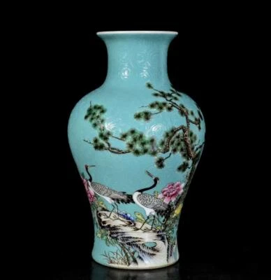Pair Qianlong Signed Old Chinese Colour Enamel Vase W/crane N3333