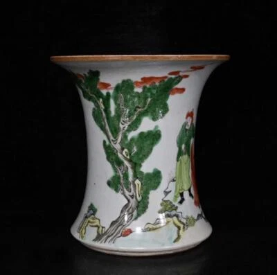 Old Kangxi Signed Chinese Famille Rose Brush pot W/figure N331