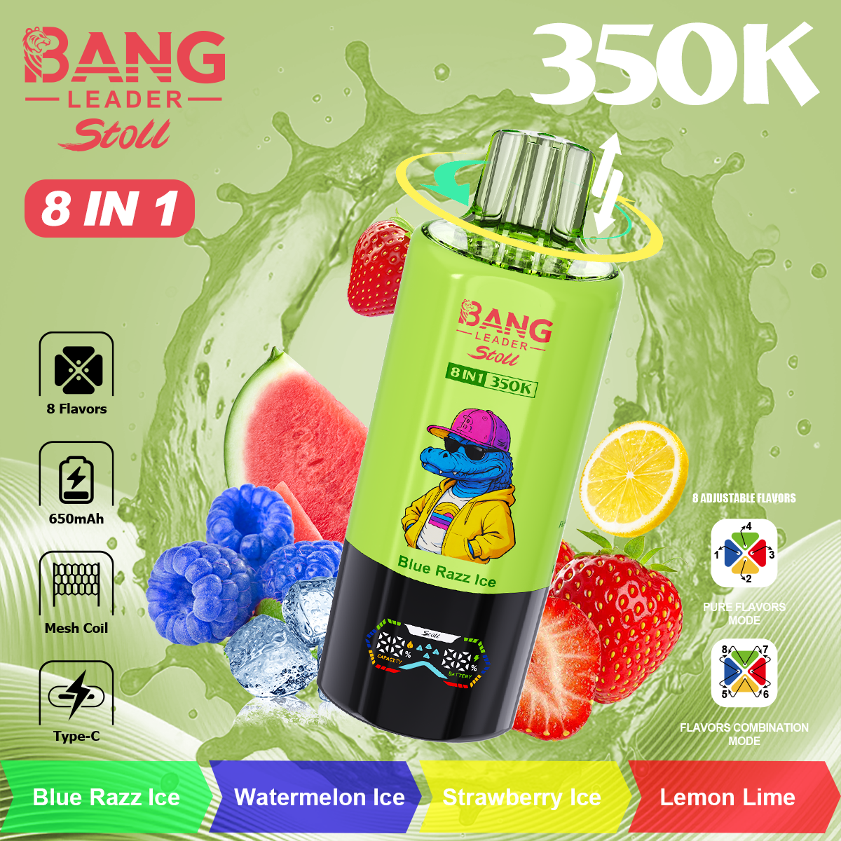 [Minimum order of two]Bang Leader 350K Puffs 8-in-1 Prefilled Vape | 8 Flavors in 1 Device,  Rechargeable, 3%  5%
