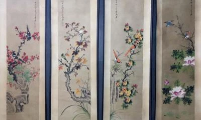 Four Zhang Daqian Signed Chinese Hand Painted Calligraphy Scroll w/flower N2156