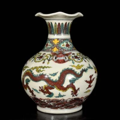 29CM Taichang Signed Old Chinese Wucai Vase W/dragon N3735
