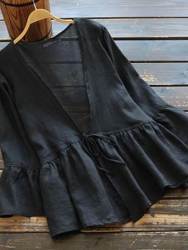Ladies Casual Cardigan Lantern Sleeve Cotton Linen Top