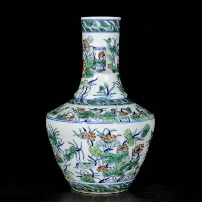 31CM Qianlong Signed Old Chinese Doucai Vase W/louts flower N3258