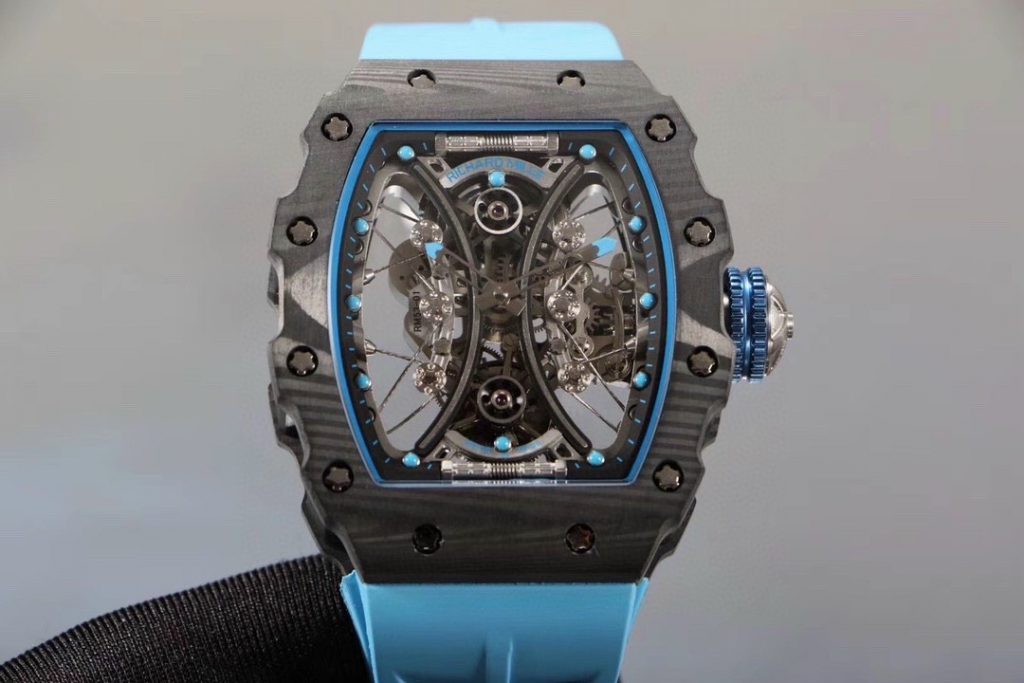 【7A Quality】Super Clone Richard Mille RM53-01 Tourbillon Replica Men's Watch Carbon Fiber Case Blue  Rubber Strap