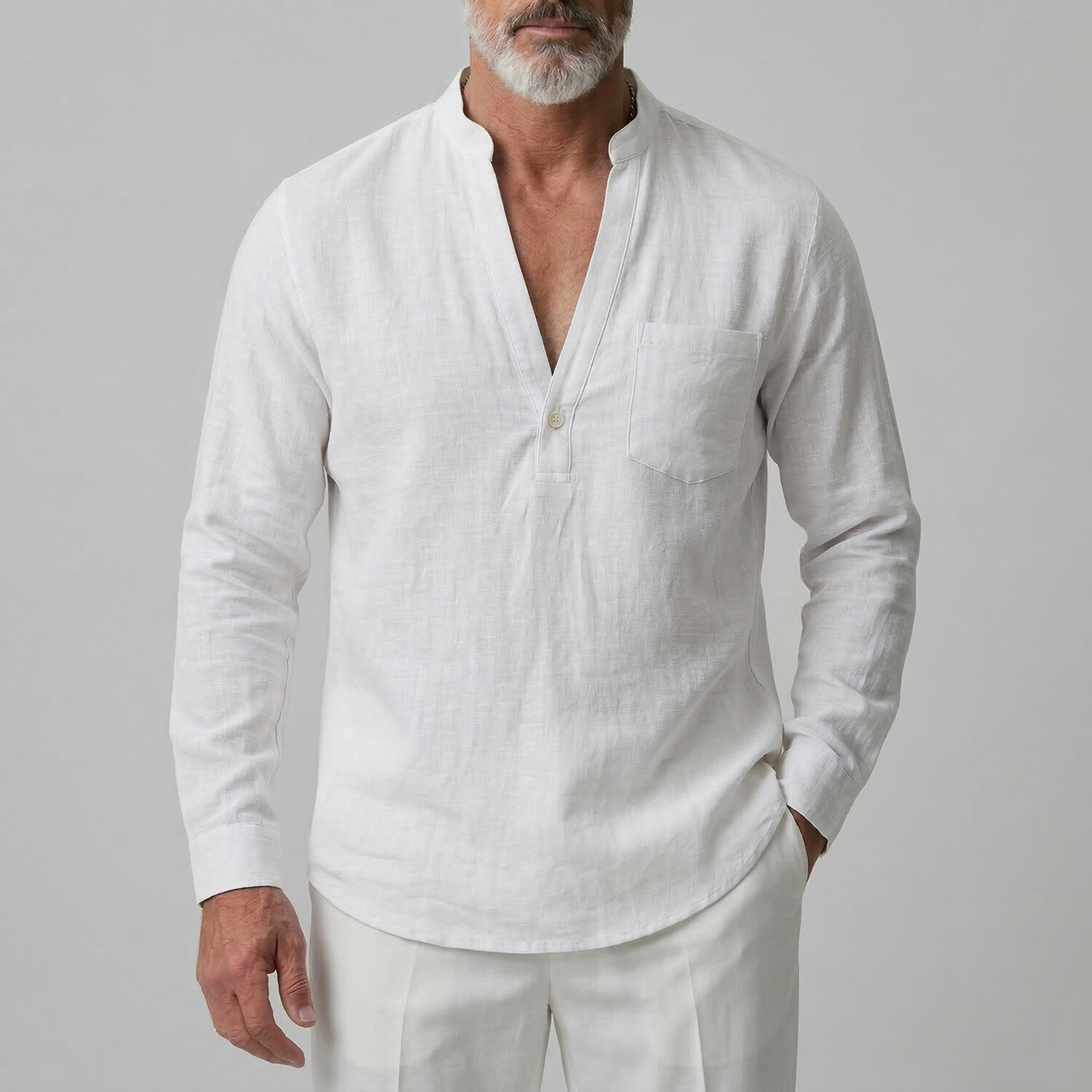 Men's Casual Solid V Neck Button Chest Pocket Long Sleeve Shirt