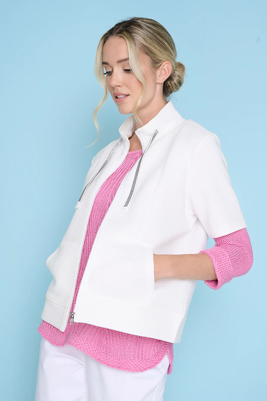 Solid Ottoman Short-Sleeves Zip-Front Jacket