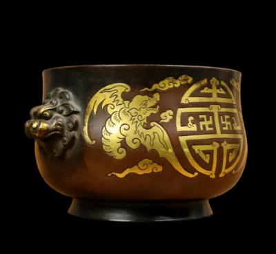 Baozhujiacang Signed Old Chinese Red Copper Handmade Incense Burner w/lion N3876