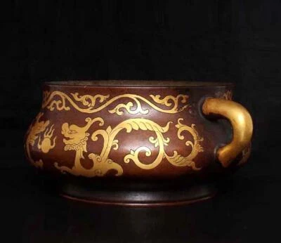 Old Chinese Red Copper Gilding Handmade Incense Burner w/dragon N228