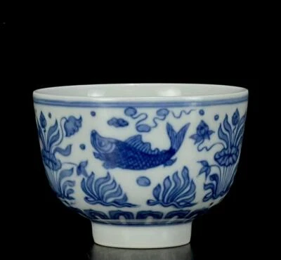 Pair Chenghua Signed Old Chinese Blue and White Cup W/fish N1067